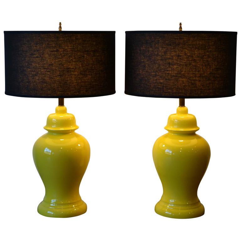 Pair Of Mid Century Modern Ginger Jar Ceramic Table Lamps Vibrant Yellow