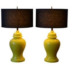 Pair of Mid Century Modern Ginger Jar Ceramic Table Lamps, Vibrant Yellow