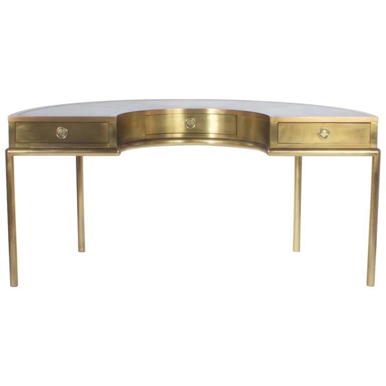 Sleek MidCentury Demilune Brass and Leather Desk by Mastercraft at 1stDibs