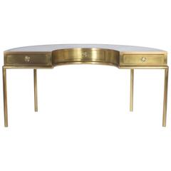 Sleek Mid-Century Demilune Brass and Leather Desk by Mastercraft