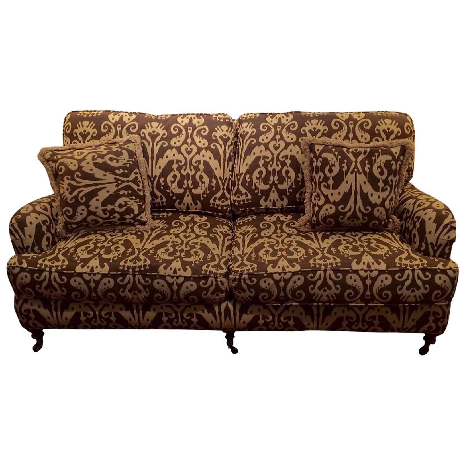 Handsome Brown and Cream Ikat Upholstered Couch