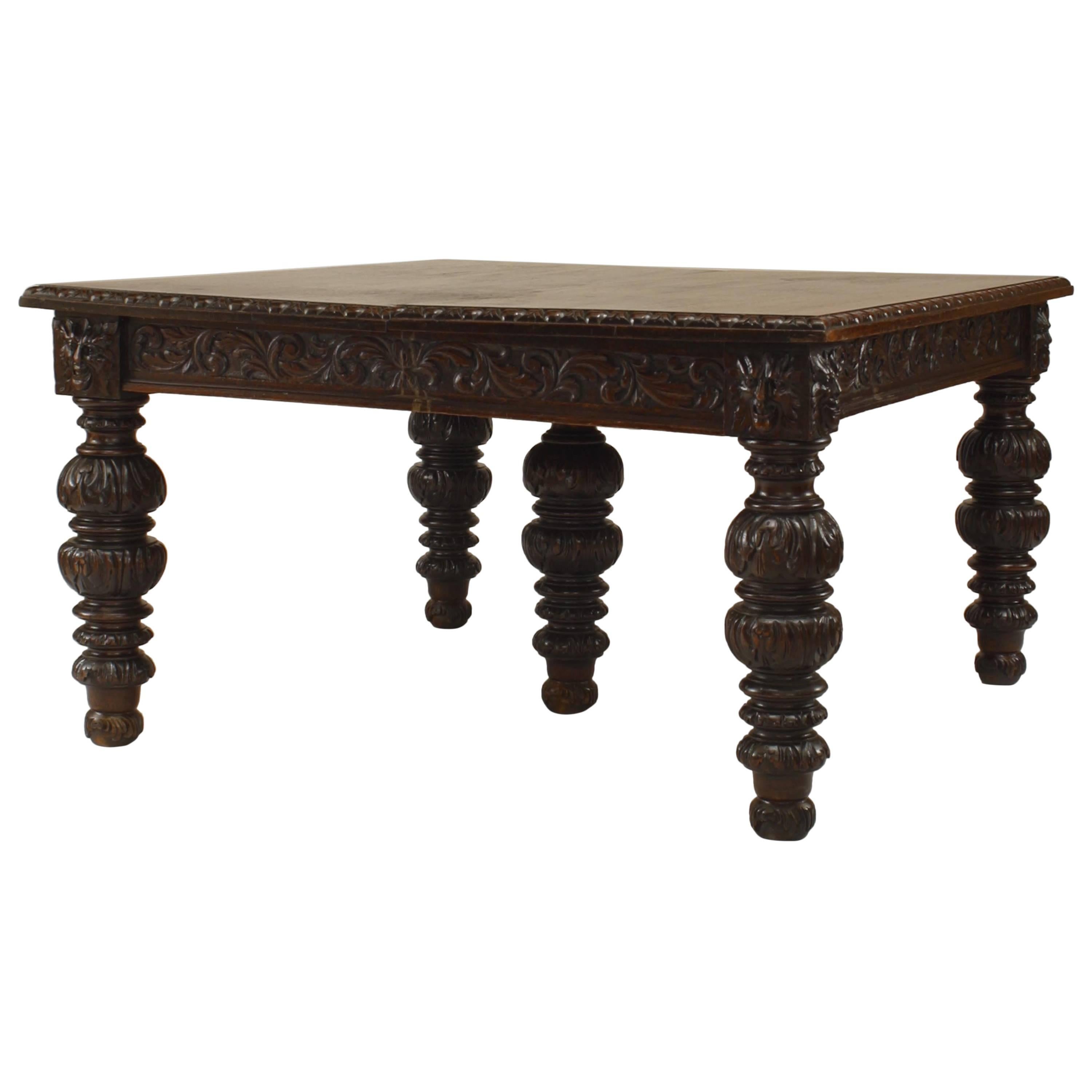 English Victorian Renaissance Revival Oak Dining Table For Sale