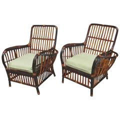 Matching Pair of Stick Wicker or Rattan Armchairs