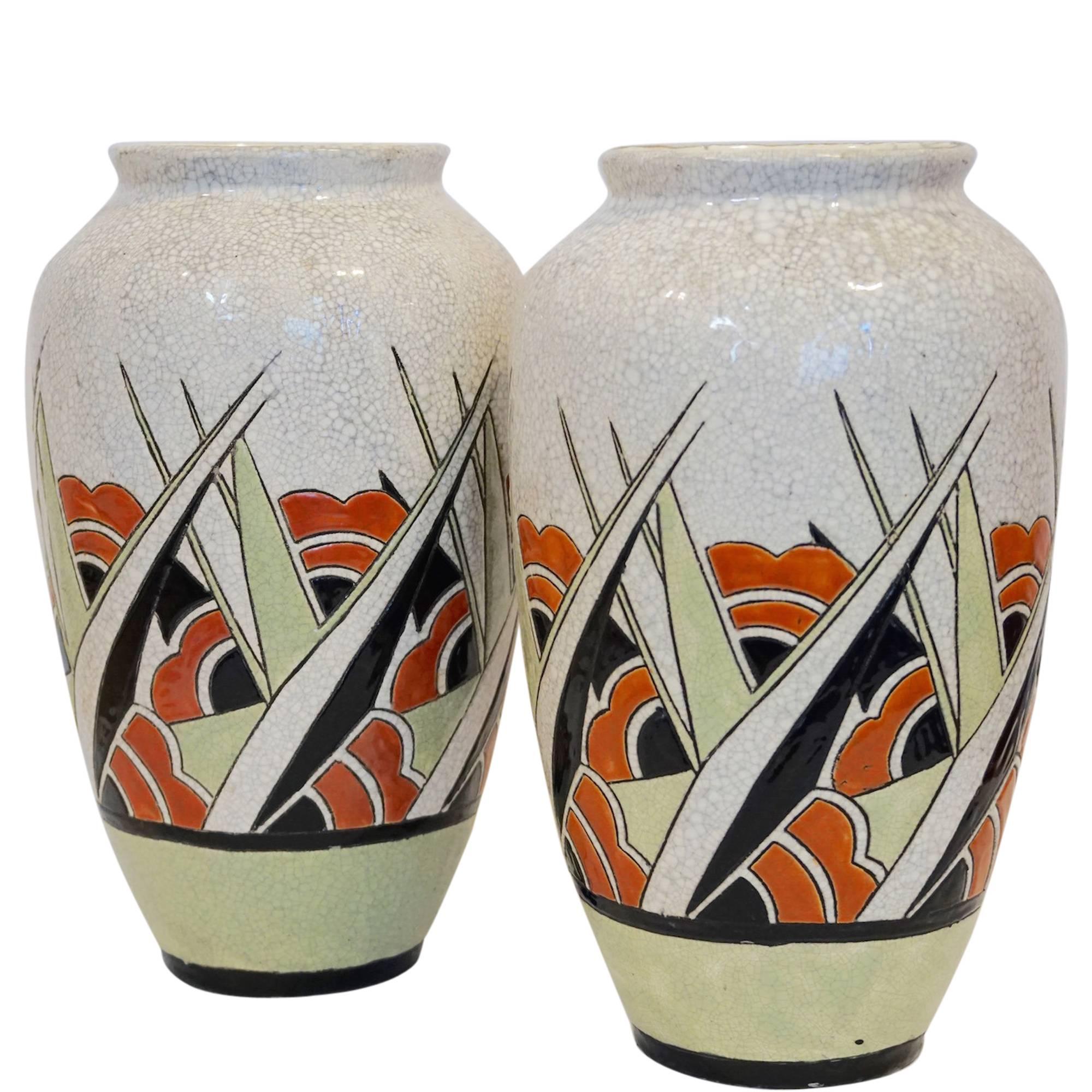Rare Matching Pair of Charles Catteau Geometric Vases For Sale