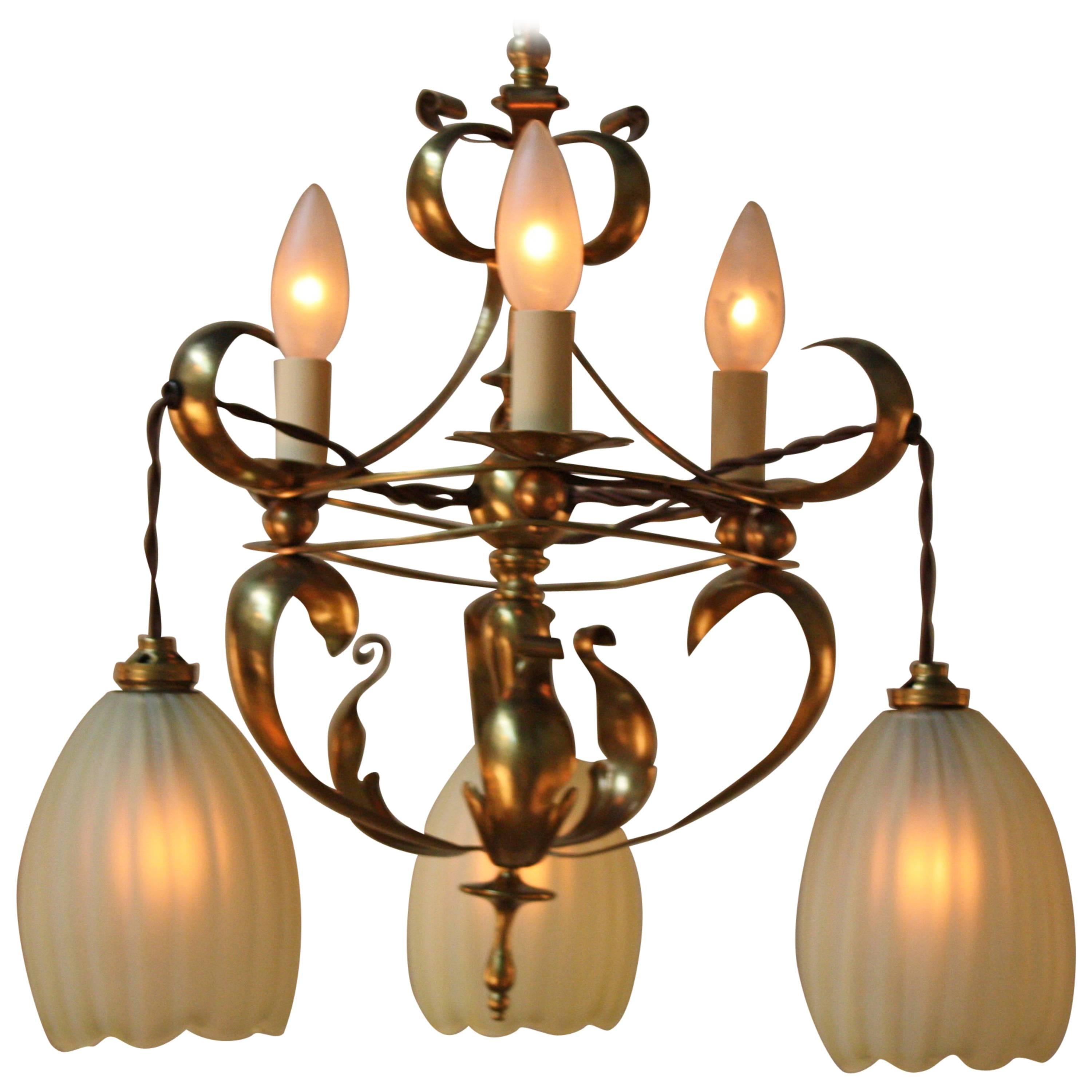 English Arts and crafts / Art Nouveau Brass chandelier by Benson at 1stDibs