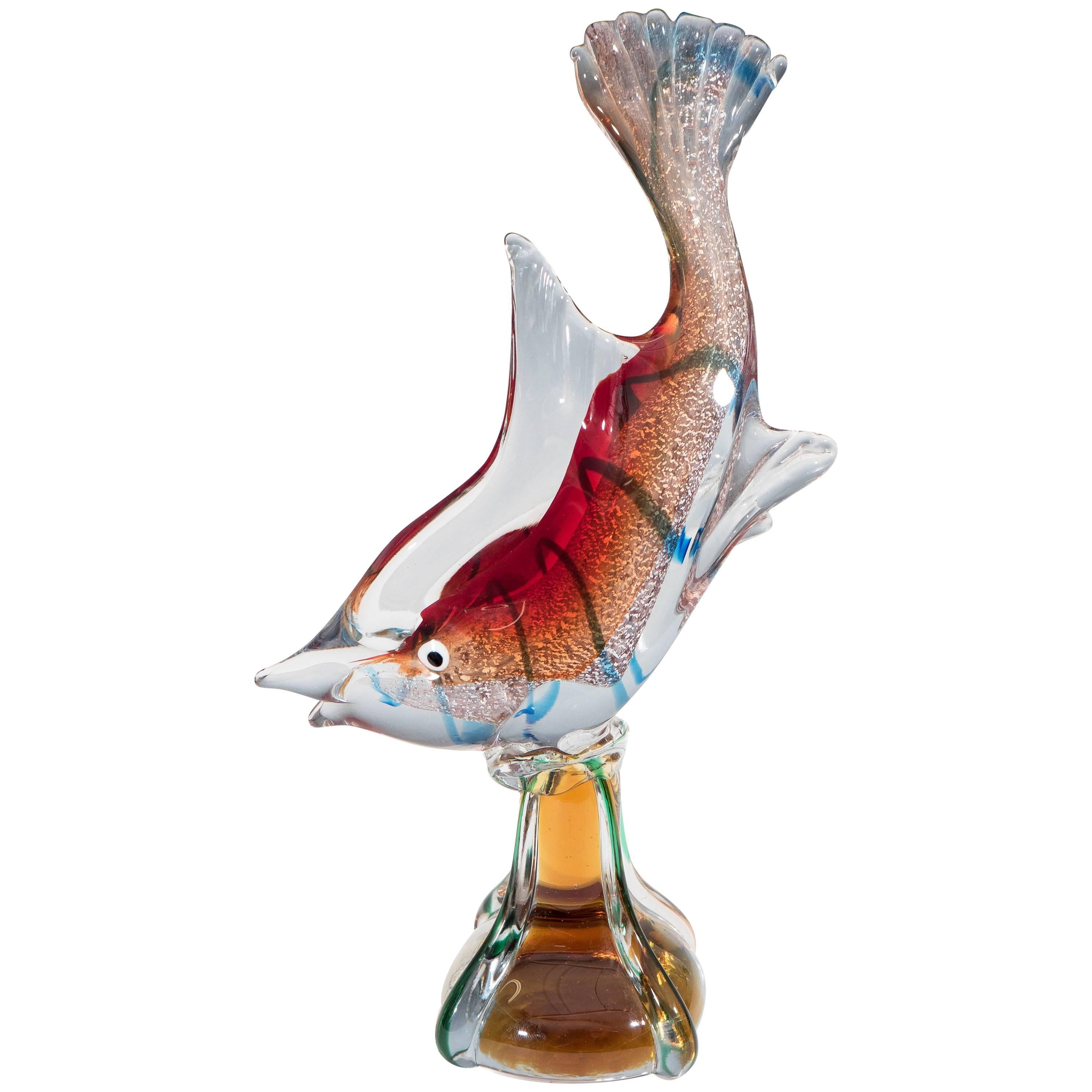 Murano Glass Sommerso Sculptural Fish with White Gold For Sale