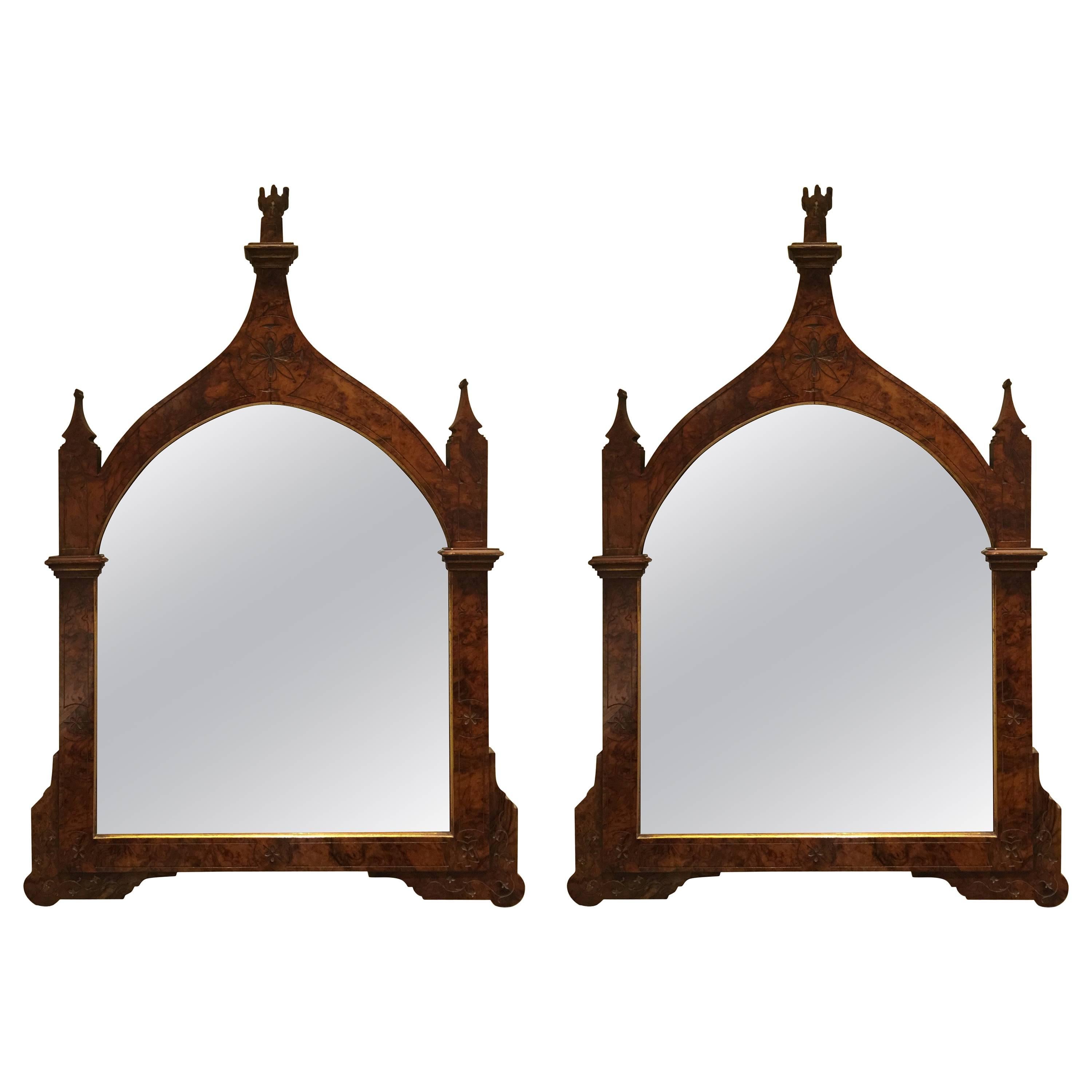Pair of Gothic Revival Burl Walnut Mirrors