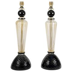 Pair of Table Lamps in Gold and Black Murano Glass