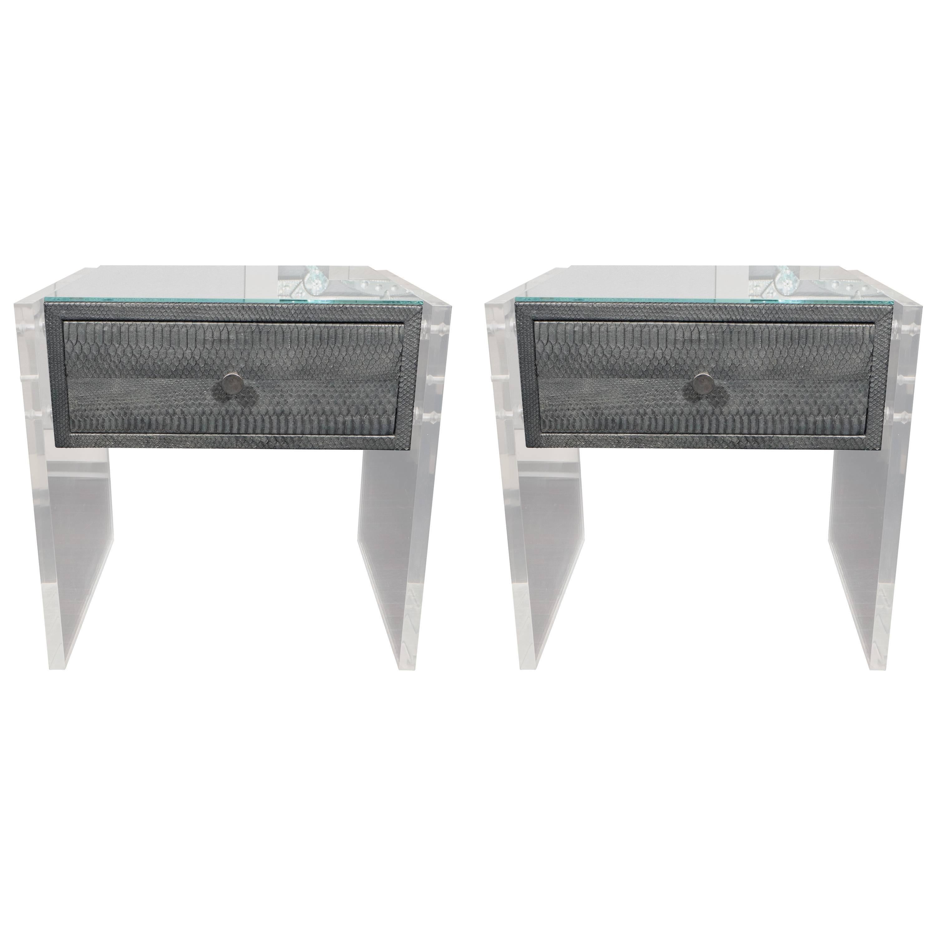 Pair of Gunmetal Gray Python Nightstands with Lucite Side Panels