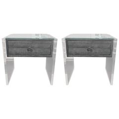Pair of Gunmetal Gray Python Nightstands with Lucite Side Panels 12