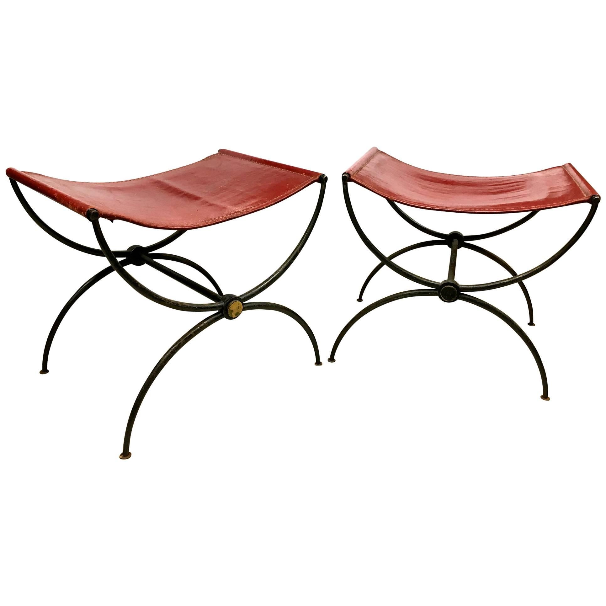 Rene Prou Pair of "X" Stools in Wrought Iron and Red Hermes Color Leather For Sale