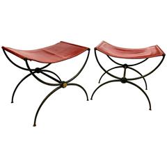 Rene Prou Pair of "X" Stools in Wrought Iron and Red Hermes Color Leather