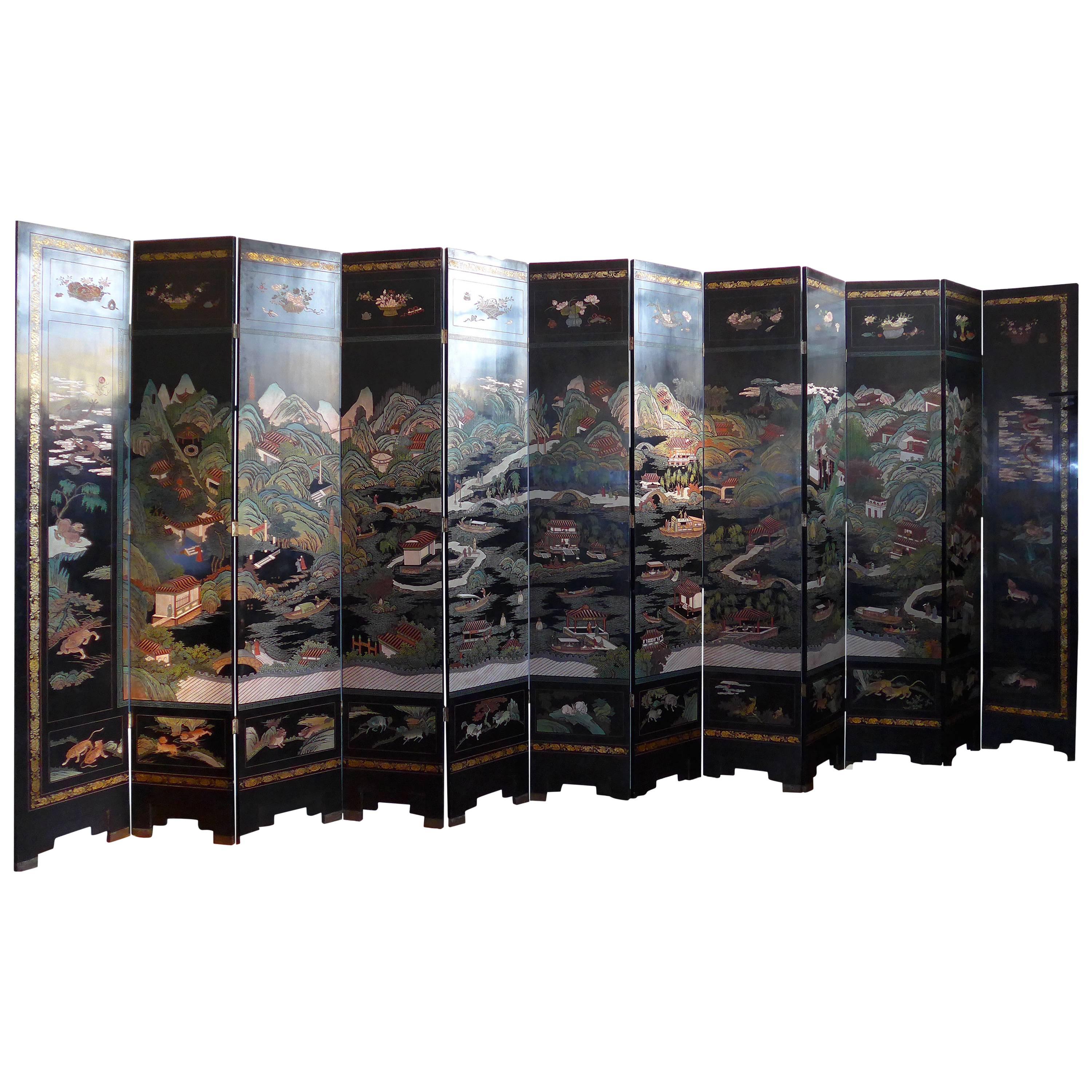 Twelve-Leaf Coromandel Lacquer Screen, China, circa 1930s For Sale