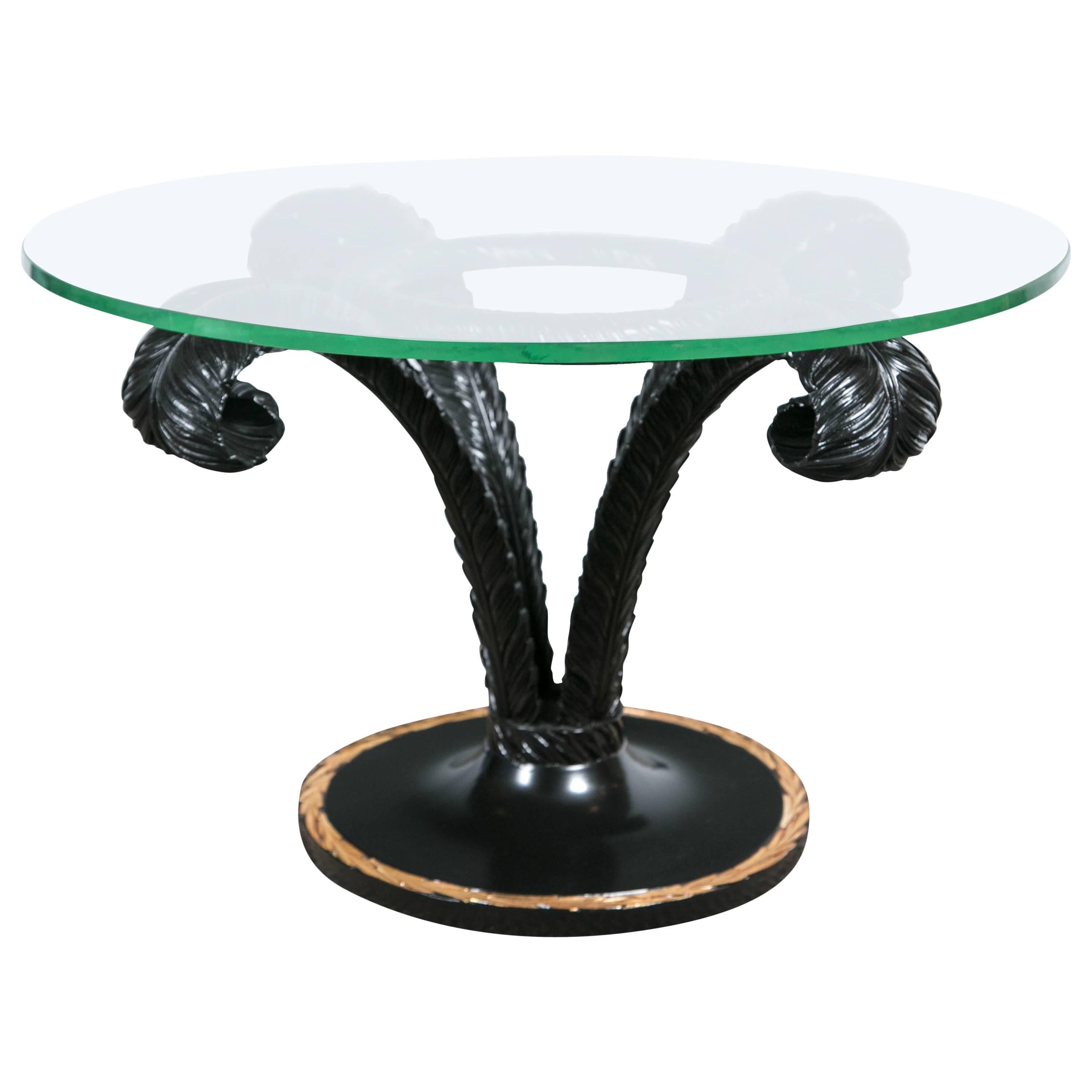 Hollywood Regency Style Ebonized Glass Top Palm Leaf Coffee Table Gilt Border