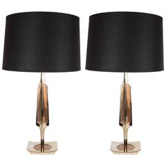 Ultra Chic Pair of Brass and Enamel Faceted Table Lamps by the Laurel Co