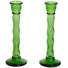 Antique Green Empoli Glass Bud Vases