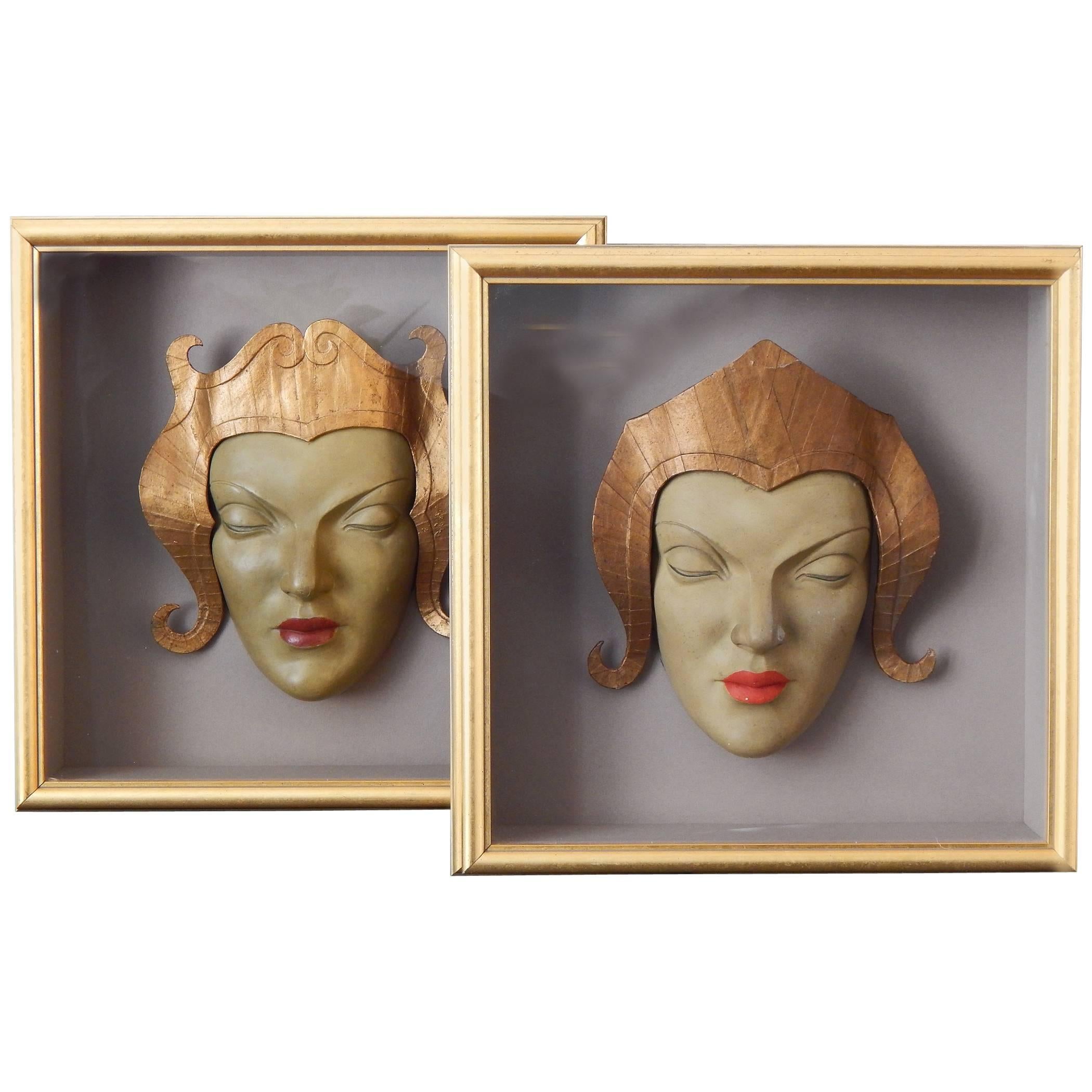 Fabulous Pair of Art Deco Masks in Asian Headdresses, Shadow Boxed For Sale