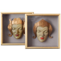 decomasks Fabulous Pair of Art Deco Masks in Asian Headdresses, Shadow Boxed