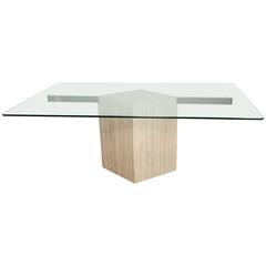 Italian Travertine and Glass Dining Table with Cantilevered Base Design