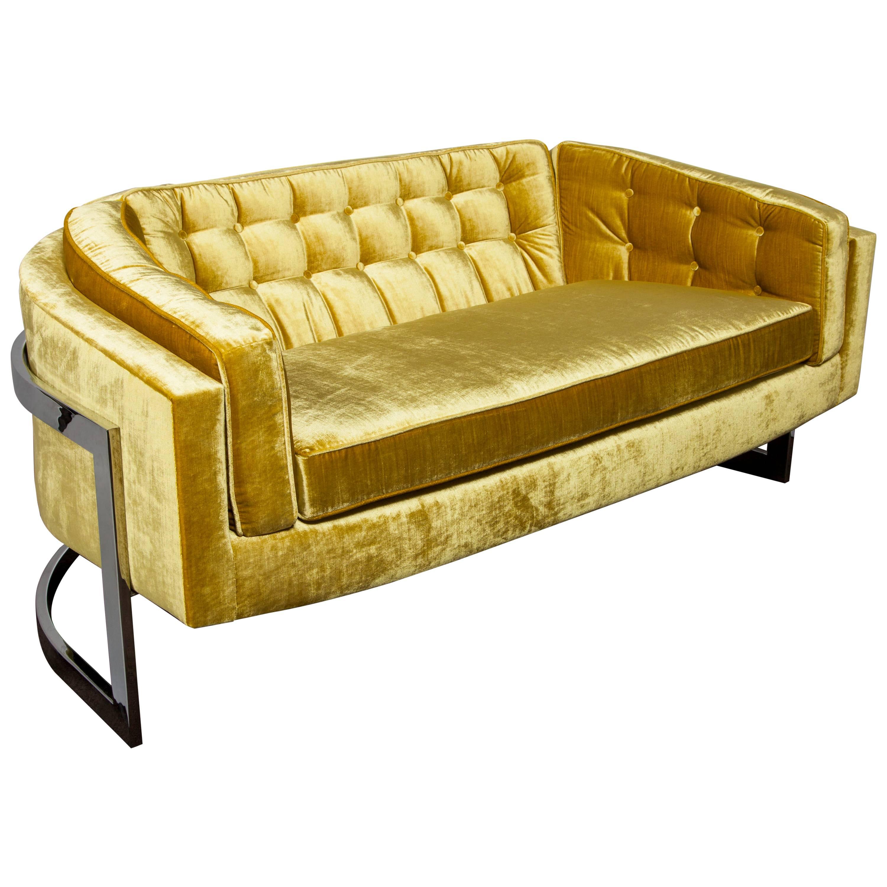 Midcentury Sofa in Citrine Velvet Designed by Milo Baughman