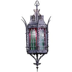 Wrought Iron Lantern Chandelier with Stained Glass