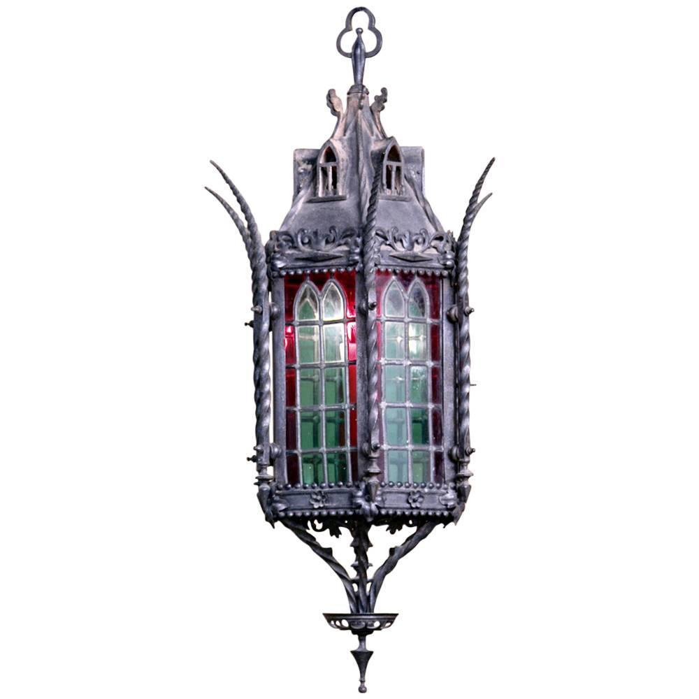 Wrought Iron Lantern Chandelier with Stained Glass at 1stdibs