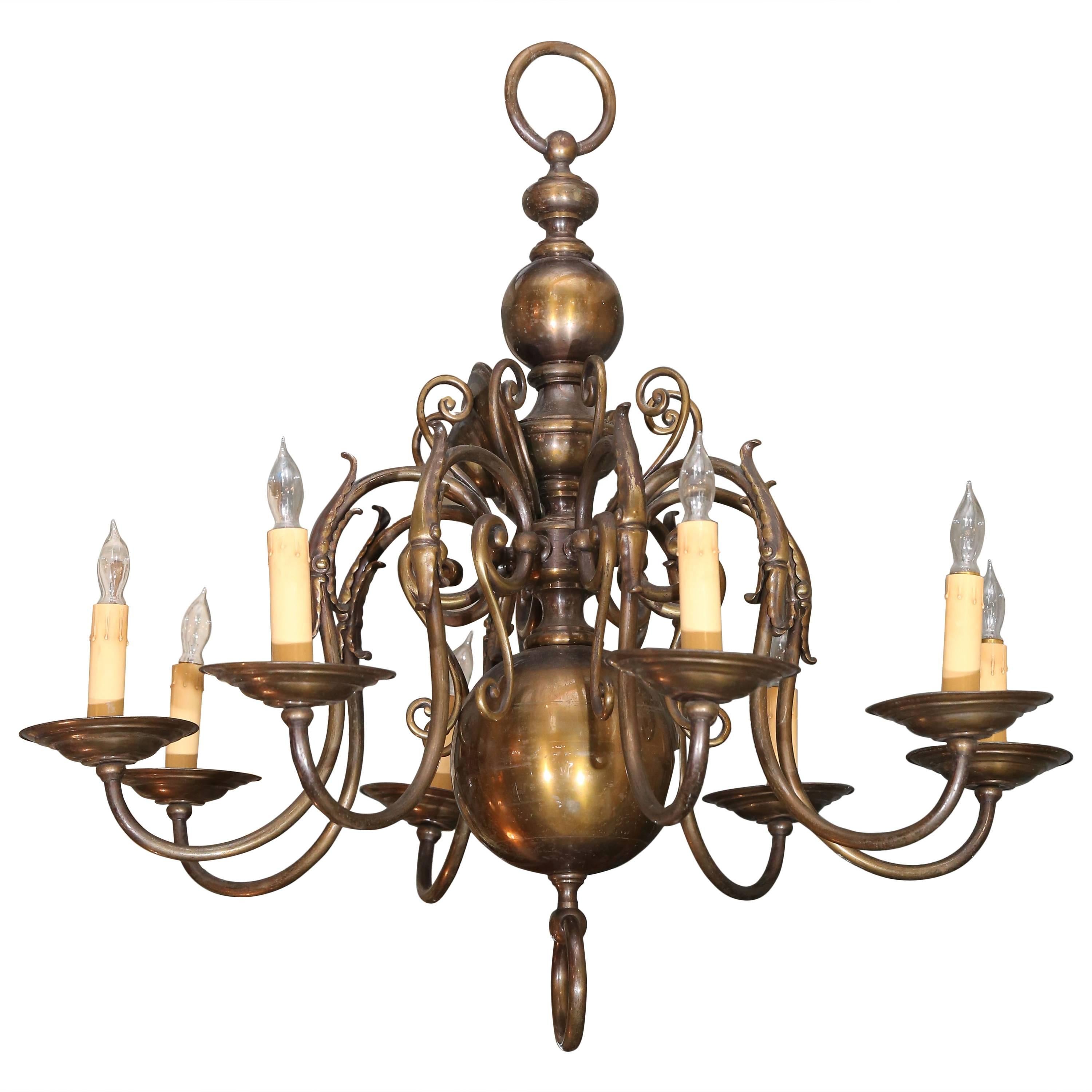 Brass Dutch Eight-Light Chandelier For Sale