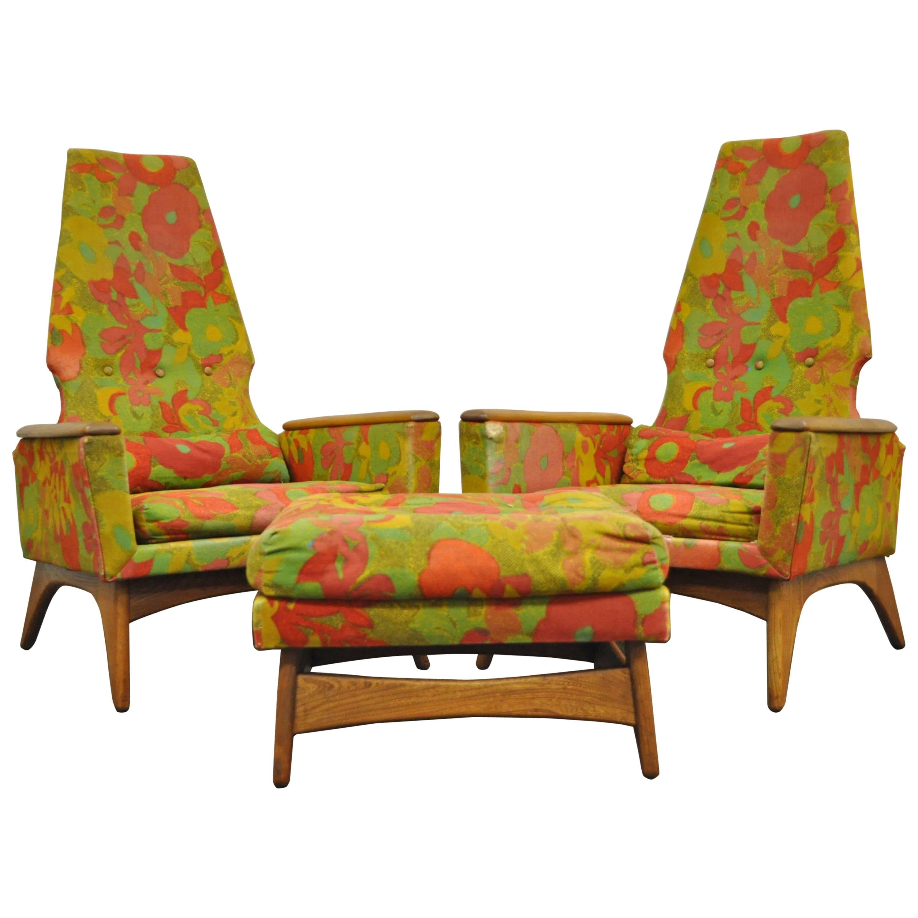 Pair Kroehler High Back Adrian Pearsall Style Walnut Lounge Chairs and Ottoman