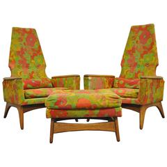 Pair of Tall Back Walnut Lounge Chairs and Ottoman after Adrian Pearsall, Modern 9