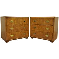 Pair of Campaign Style Bachelor Chests or Bedside Tables by Drexel Heritage