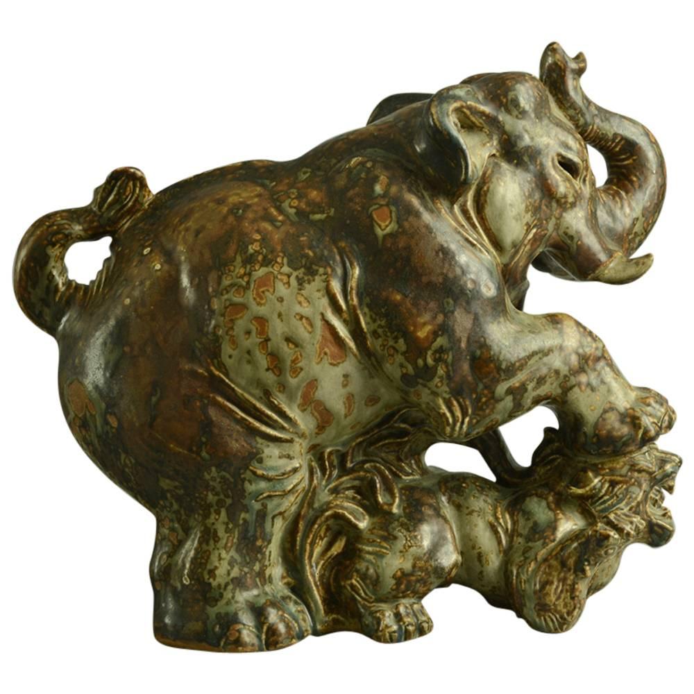 Large Stoneware Elephant Fighting a Tiger by Knud Kyhn for Royal Copenhagen For Sale