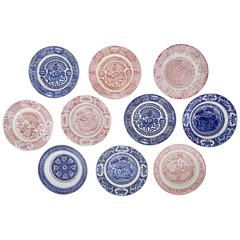 Vintage English Set of Ten Red and Blue Dinner Plates
