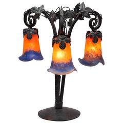  French Art Deco/Nouveau Wrought Iron Three-Arm Lamp with Signed Shades
