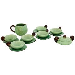 Vintage Green Glazed Tea Set for Six, France, 1930s