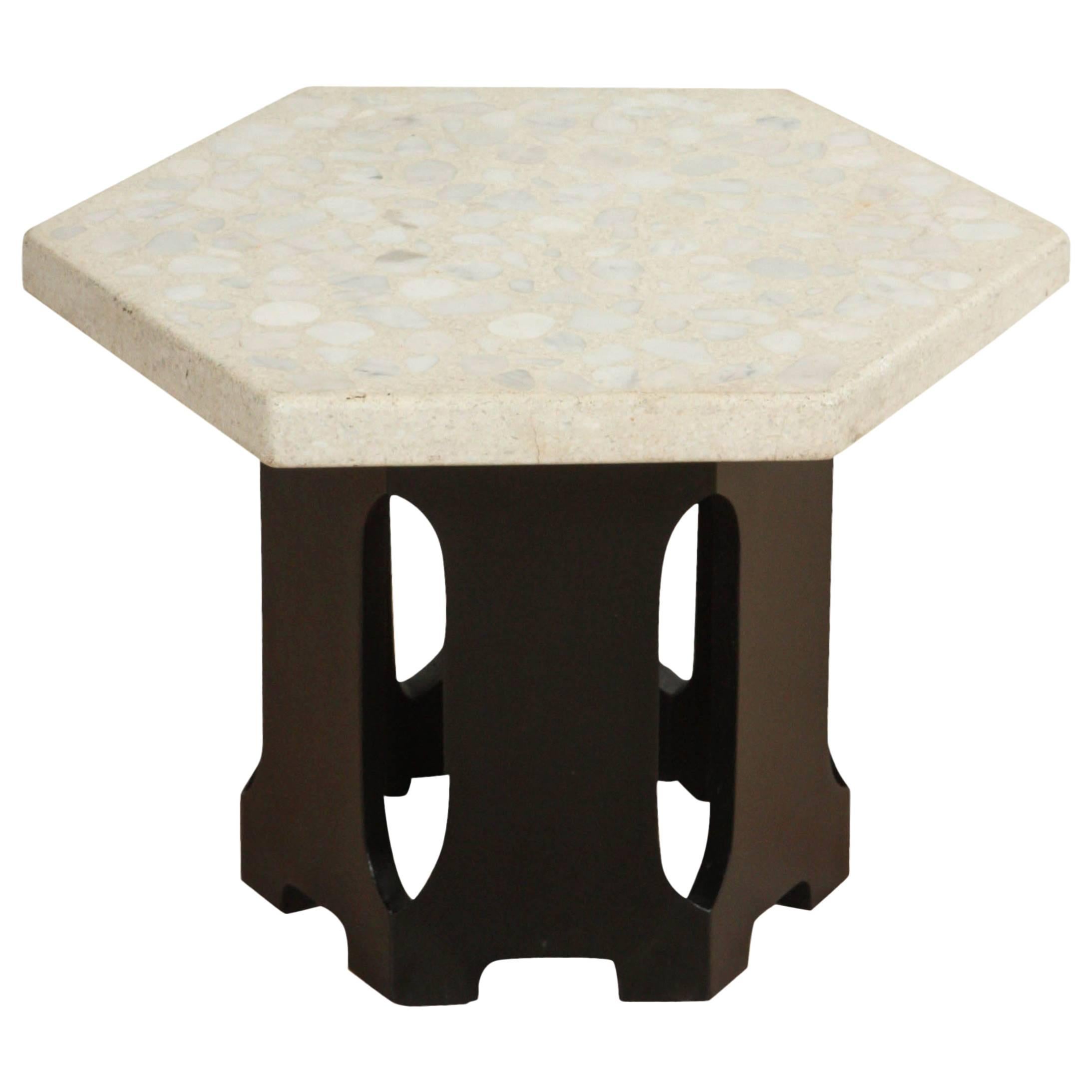 Terazzo and Walnut Hexagon Side Table by Harvey Probber