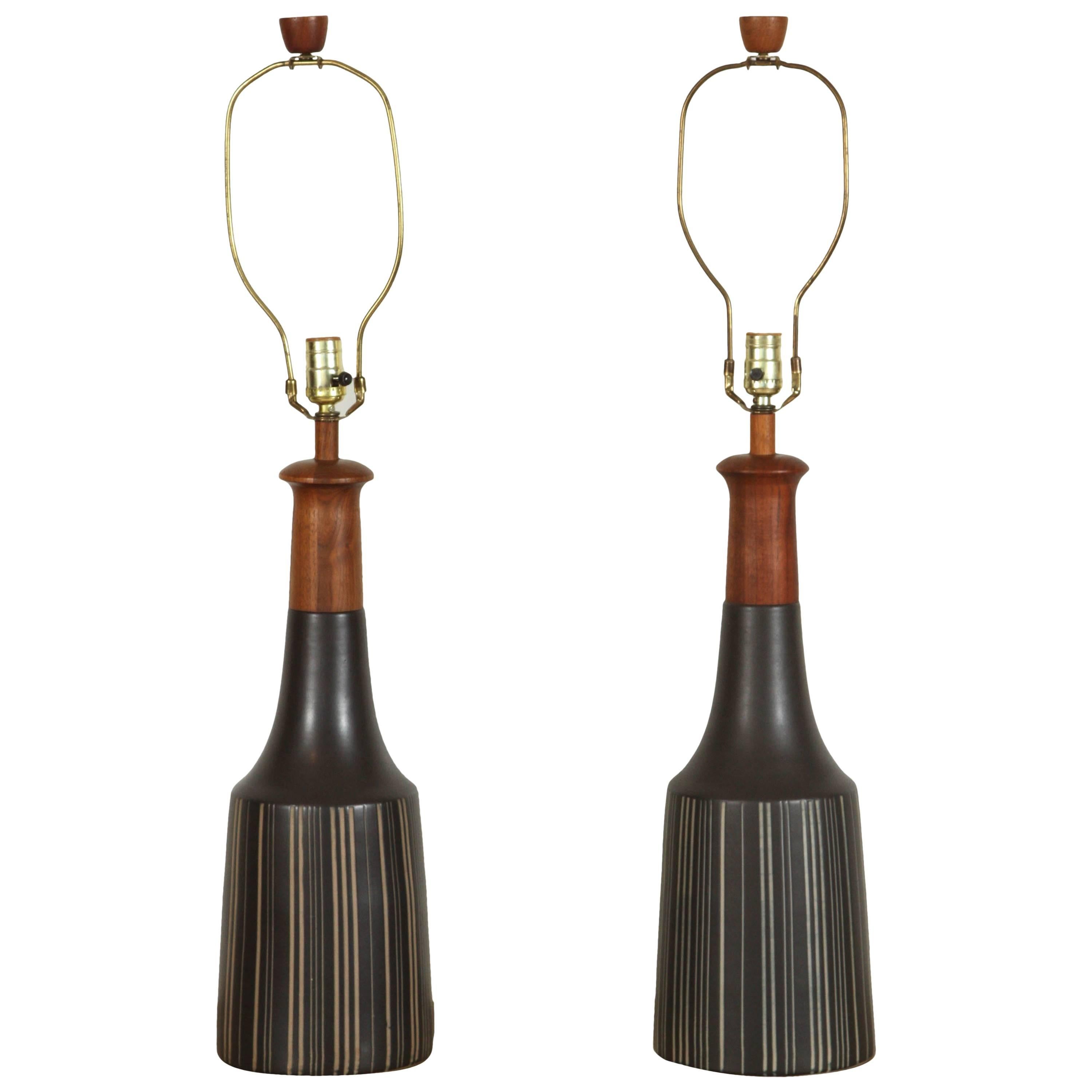 Pair of Sgraffito Striped Martz Studio Lamps