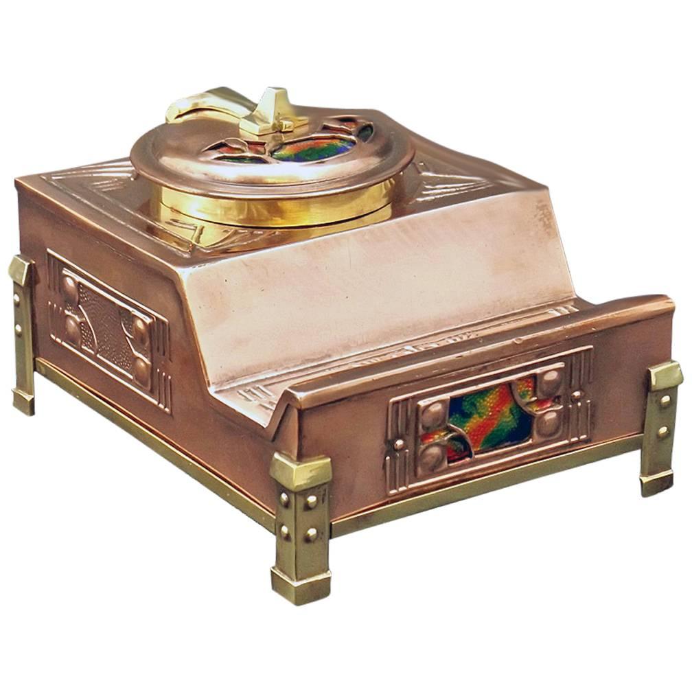 Arts and Crafts Enamel, Copper & Brass Inkstand Inkwell, Probably English C.1900
