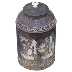 Antique Monumental 19th Century Original Painted Tin Canister with Lid