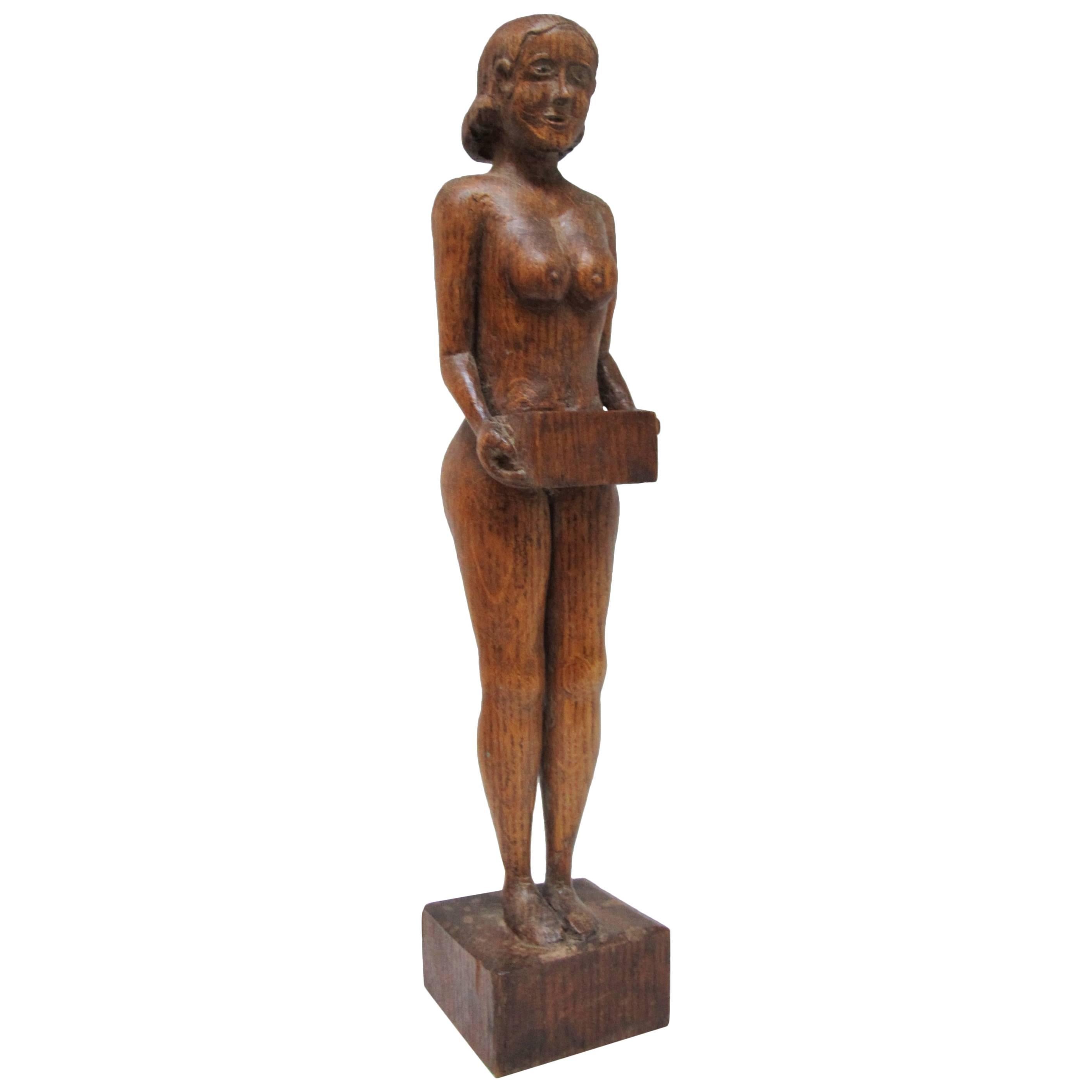 Carved Wood Nude Woman Match Holder