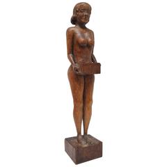 Vintage Carved Wood Nude Woman Match Holder