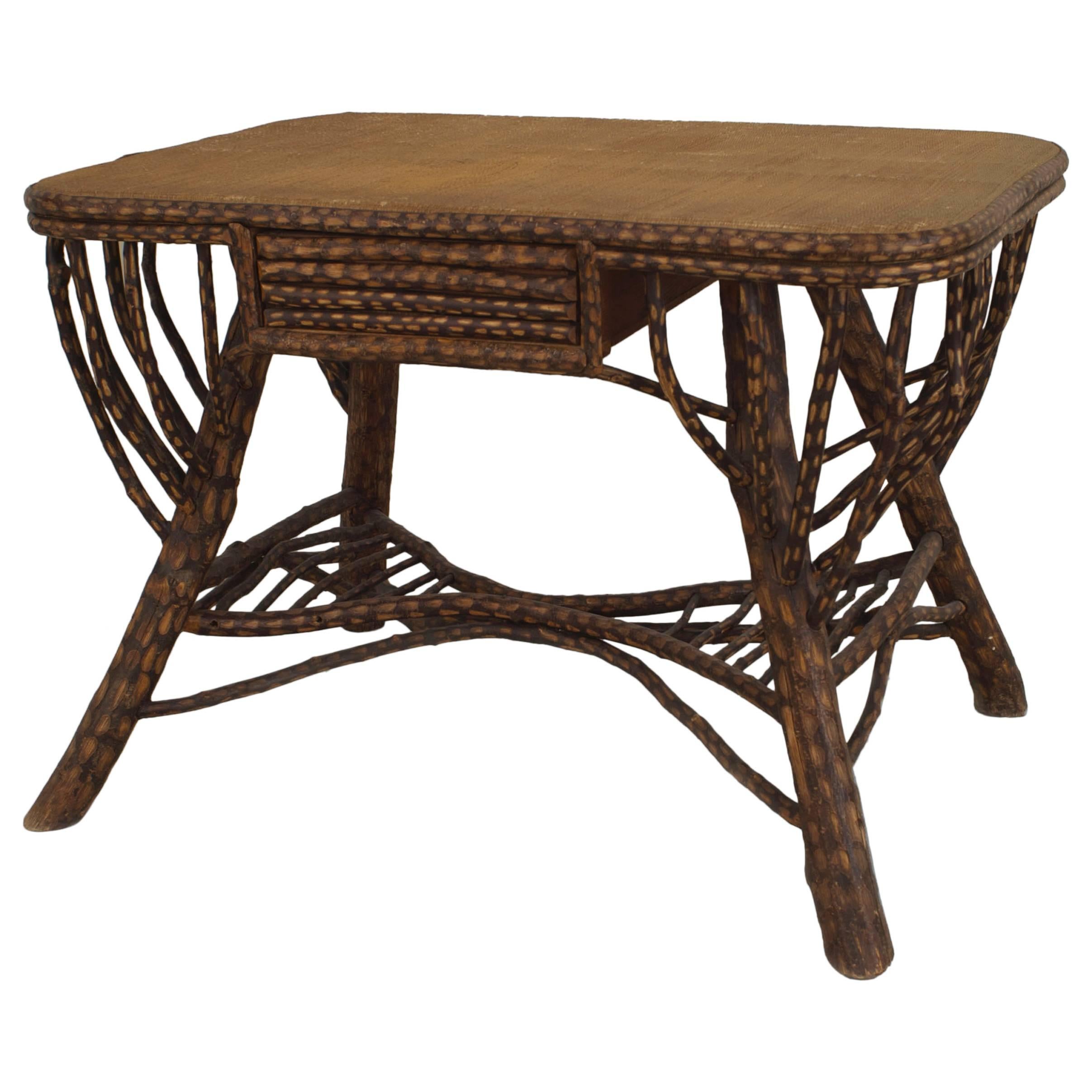 American Rustic Twig Table Desk with a Woven Top