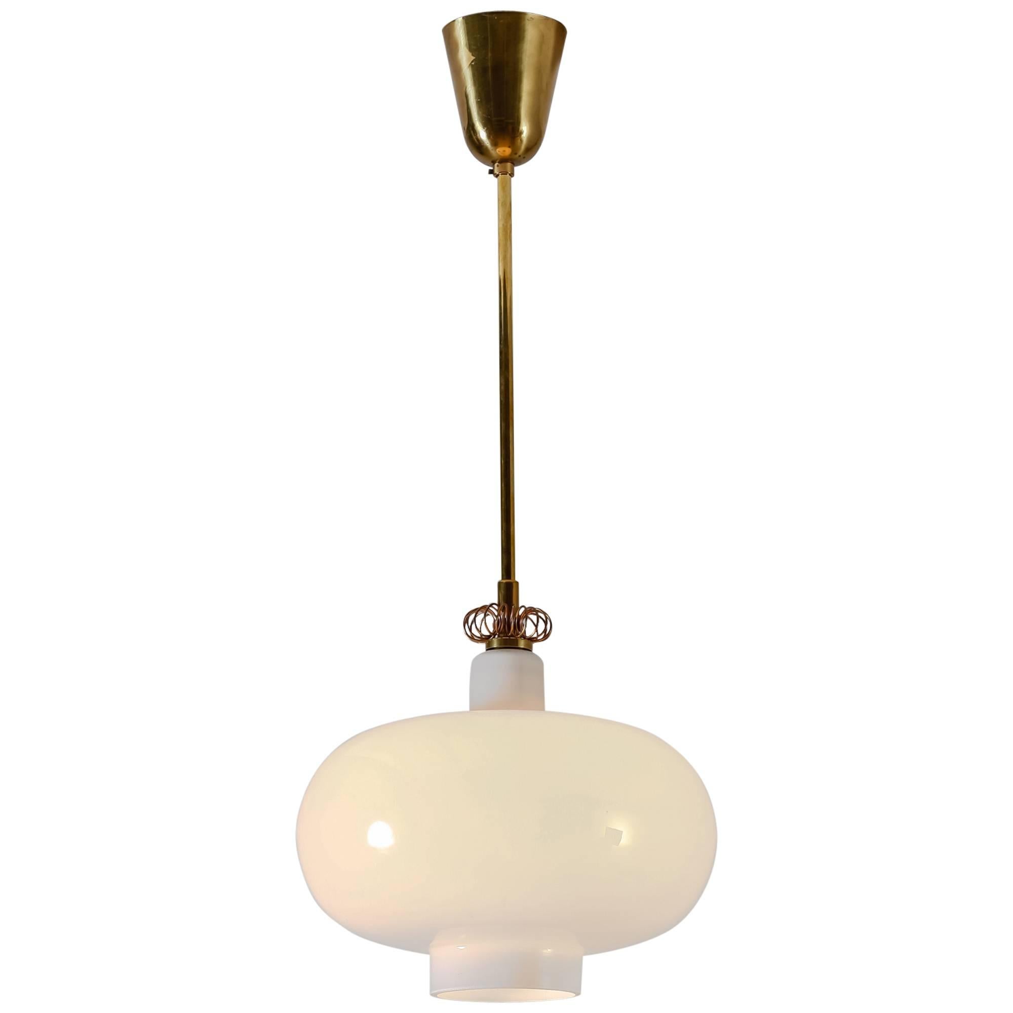 Paavo Tynell K2-19 opaline glass and brass pendant, Idman, Finland, 1950s For Sale