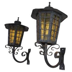 Beautiful Pair of French 1940 Wrought Iron Outdoor Sconces