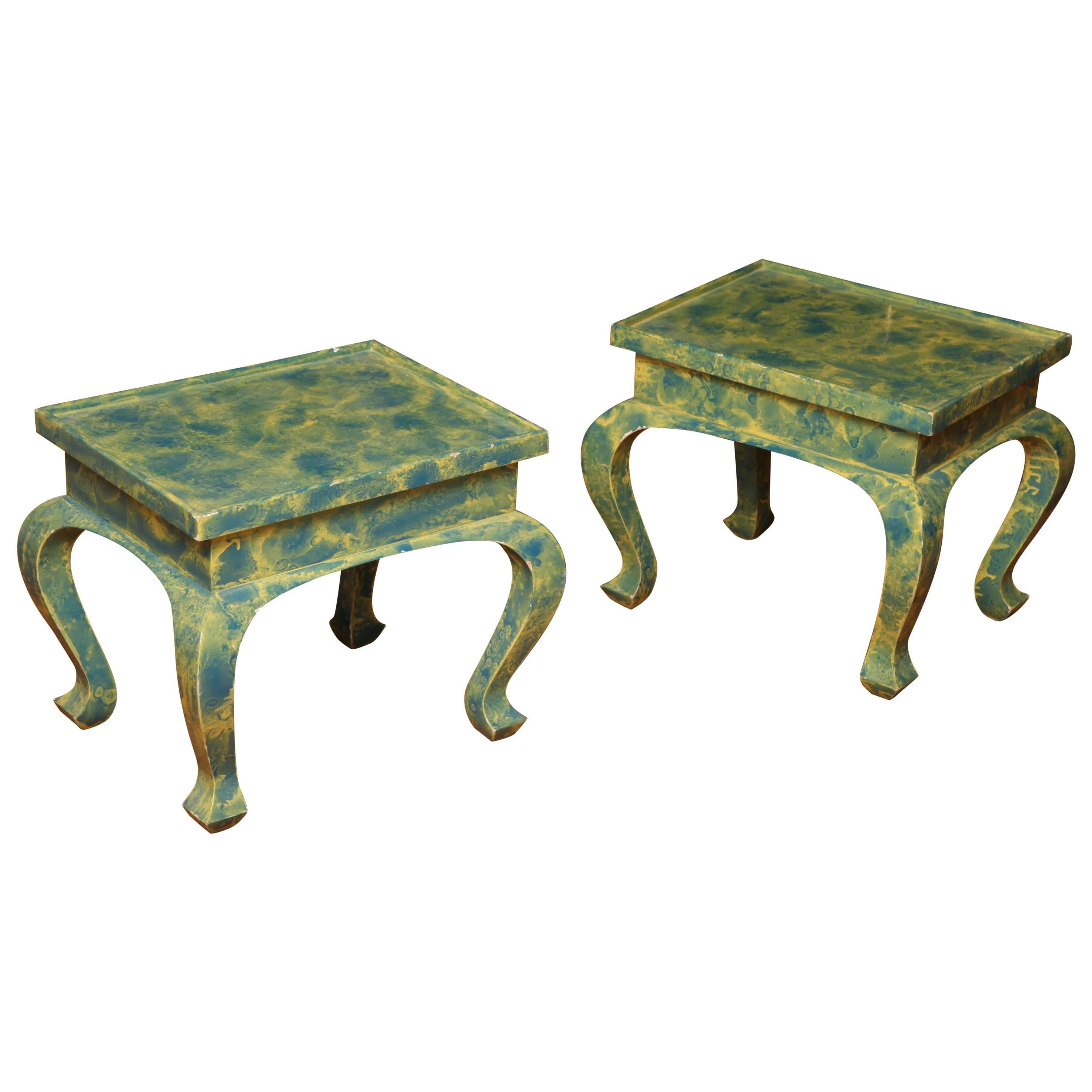Pair of Small Low Green and Blue Occasional Tables For Sale