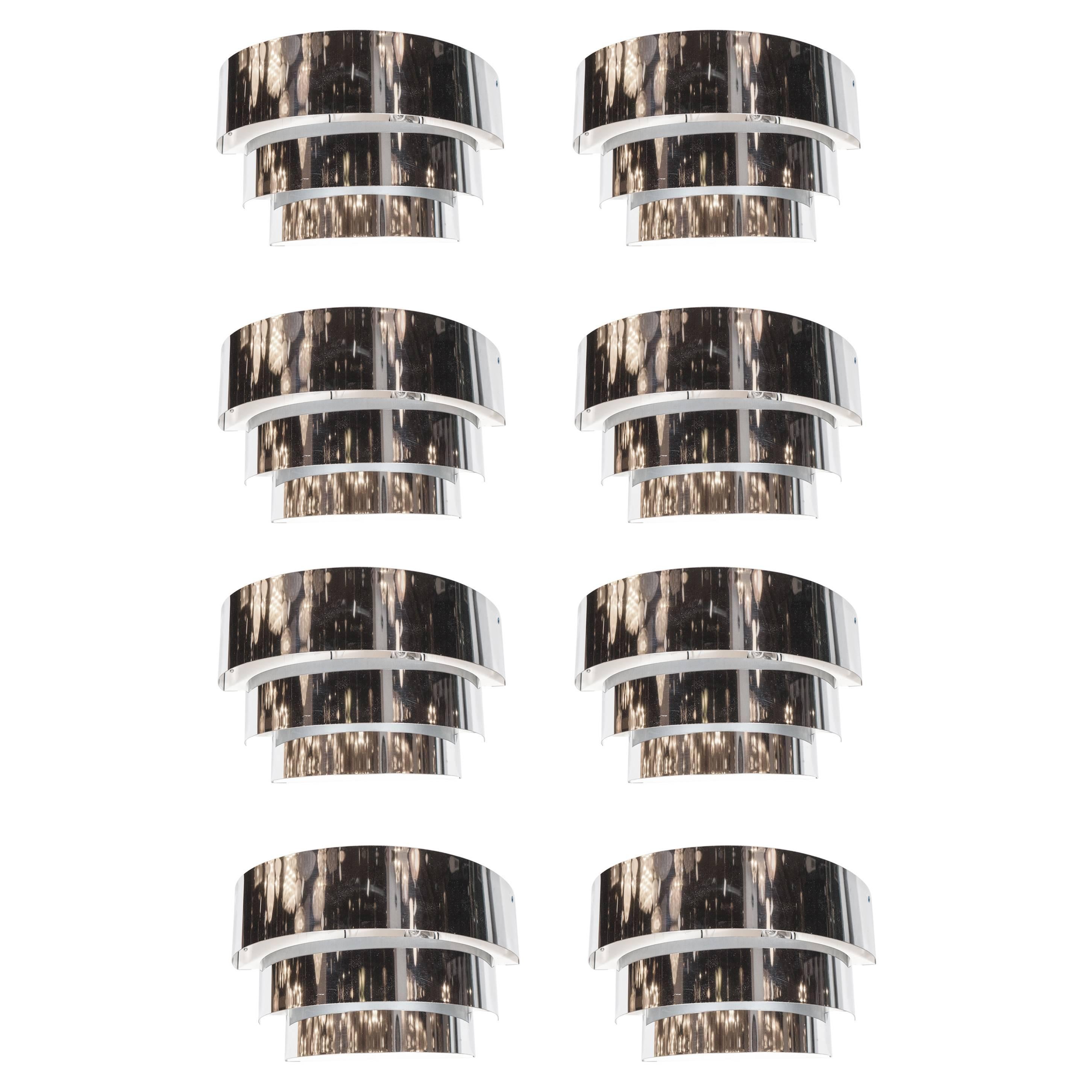 Art Deco Skyscraper Style Three-Tiered Chrome Banded Sconce, Set of Eight