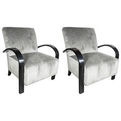 Art Deco Bentwood Armchairs in Platinum Velvet and Hand Rubbed Ebonized Walnut