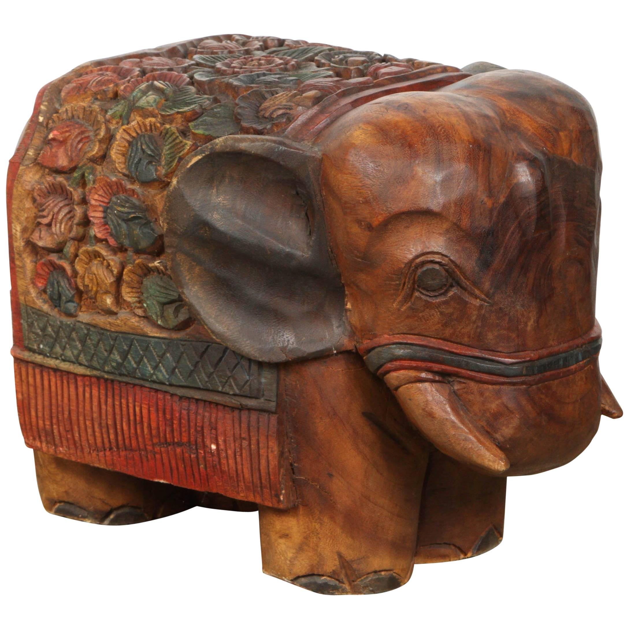 Hand-Carved Elephant Wooden Stool