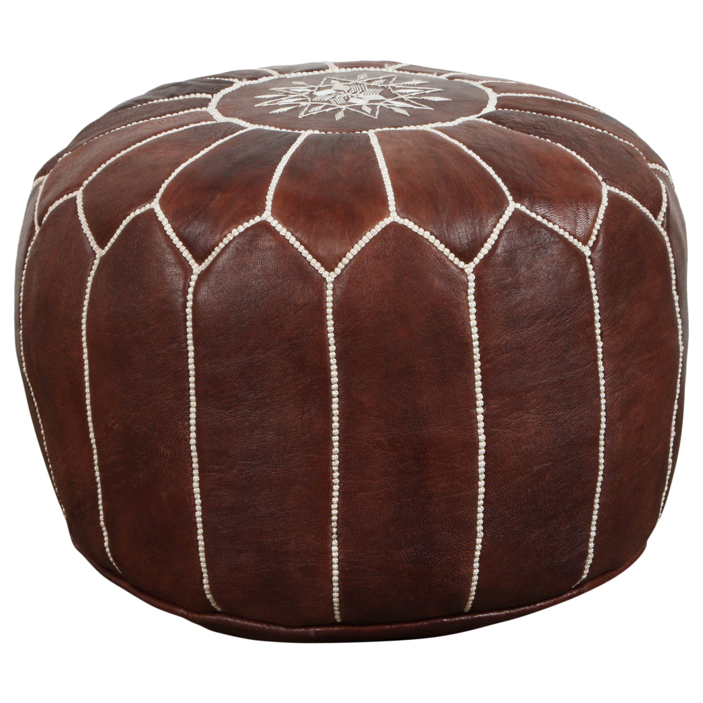 Moroccan Brown Leather Hand Tooled Pouf For Sale at 1stDibs