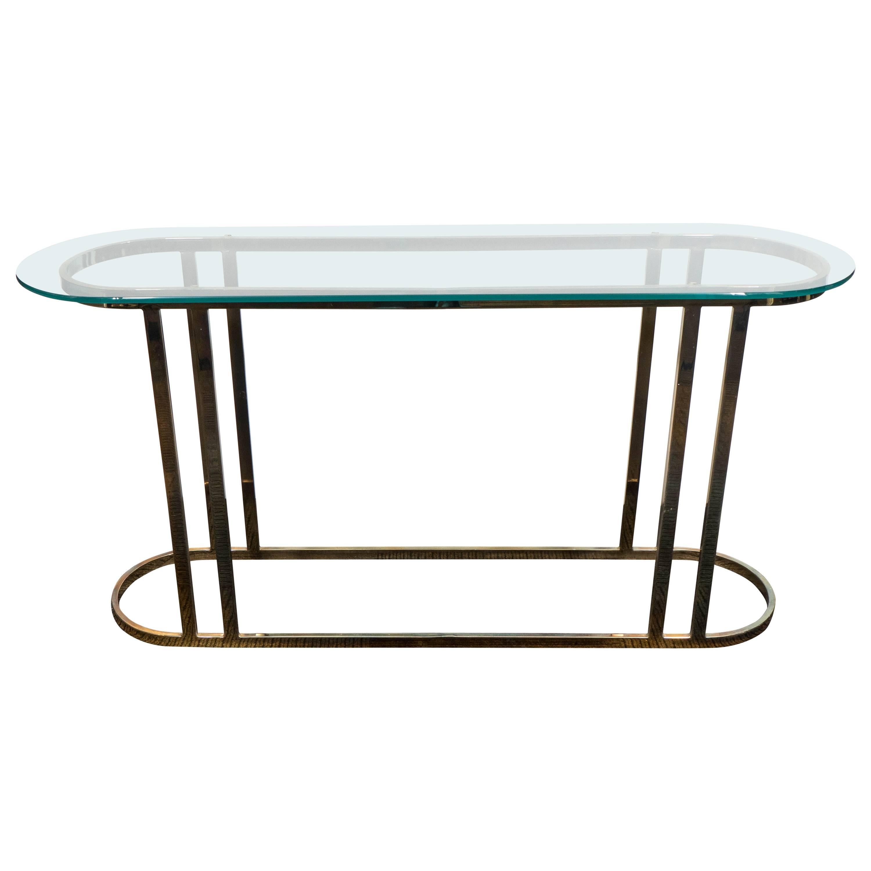Midcentury Glass Top Console on Curved Brass Base