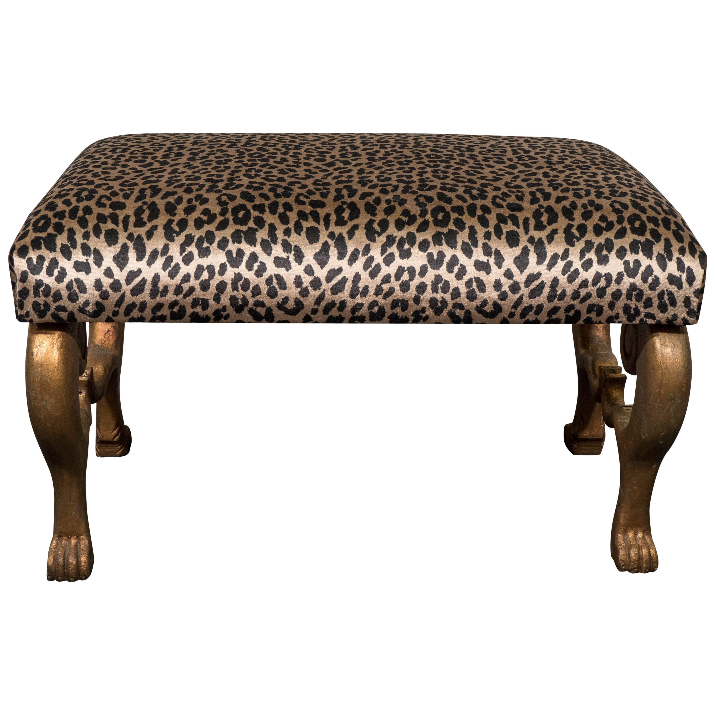 Midcentury Gilt Carved Egyptian Bench With Leopard Print Velvet